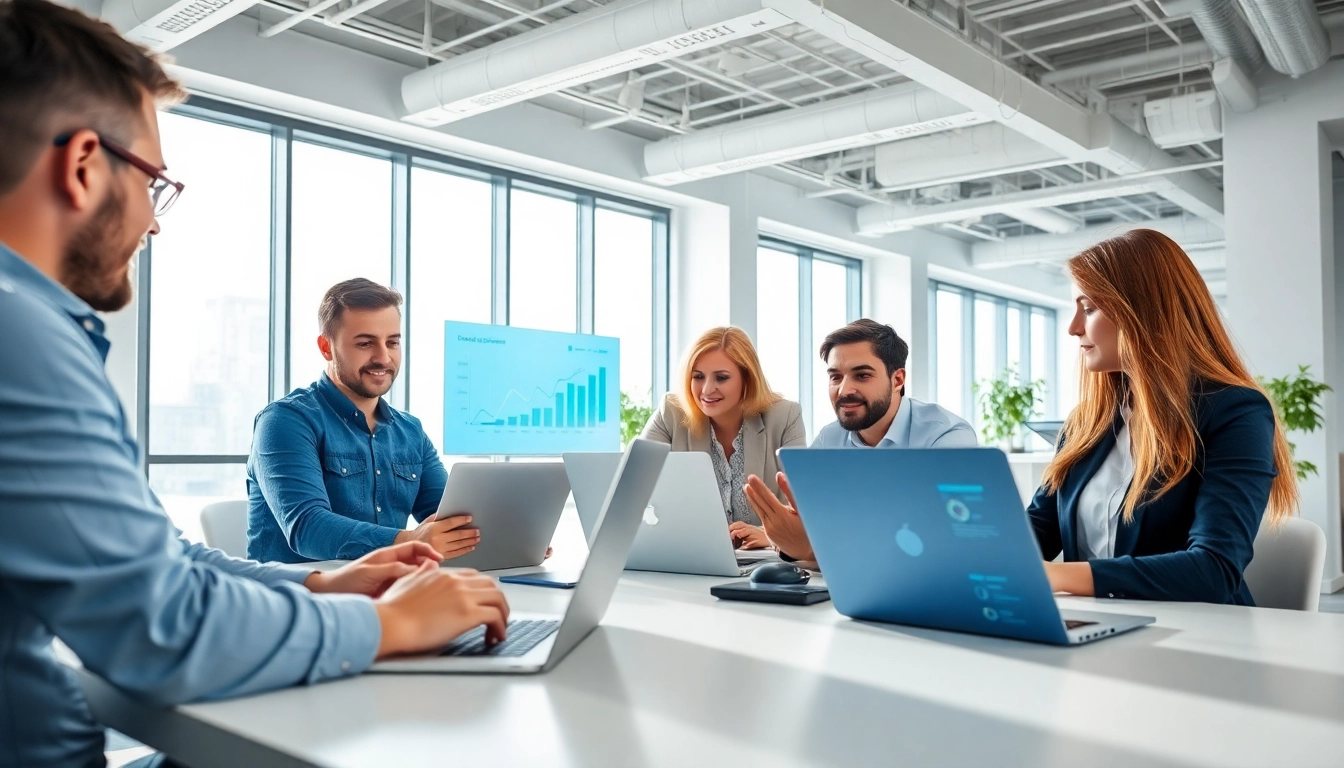 Marketing Agency team collaborating in a modern office setting with computers and analytics.
