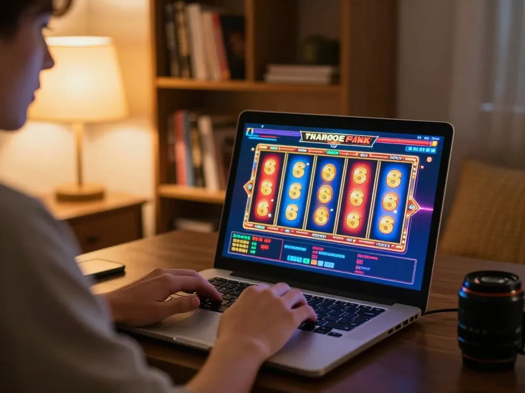 Online casino Malaysia player enjoys vibrant slots on laptop in cozy home setting