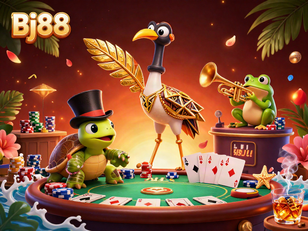 Experience the excitement of Bj88 at a vibrant poker scene with cartoon characters and casino elements.