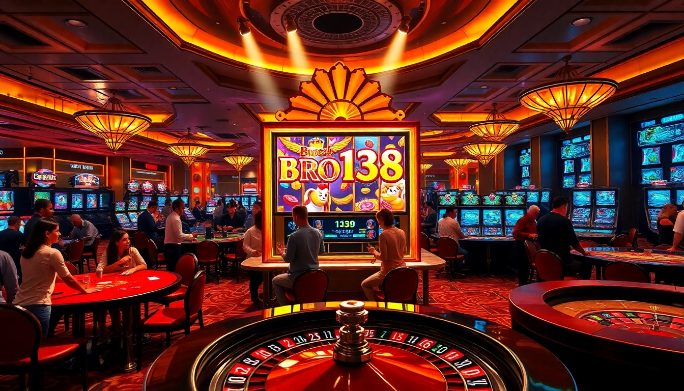 Engaging with the Bro138 slot machine in a luxurious casino environment filled with excitement.