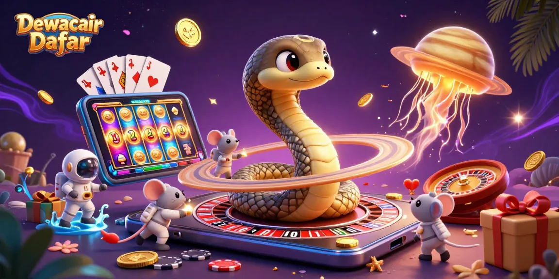 Dewacair Daftar showcases an astronaut mouse betting on a cosmic roulette wheel in a vibrant illustration.