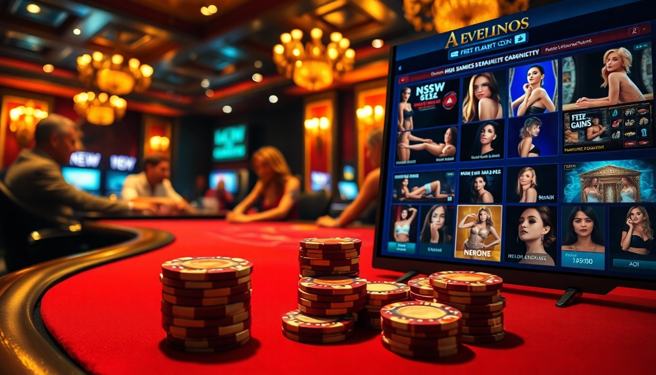Engaging poker game scene with sexy digital displays for sex games at a luxurious casino.