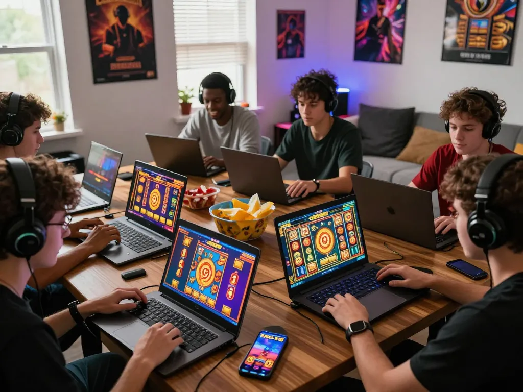 Exciting online gaming moment on zeus138 with diverse players enjoying slot games in a vibrant home setting.