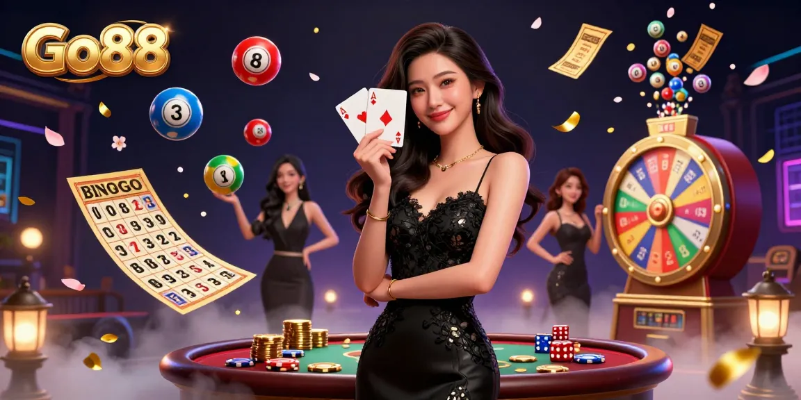 Experience the thrill of Go88 with vibrant casino elements and cards in a captivating 3D illustration.
