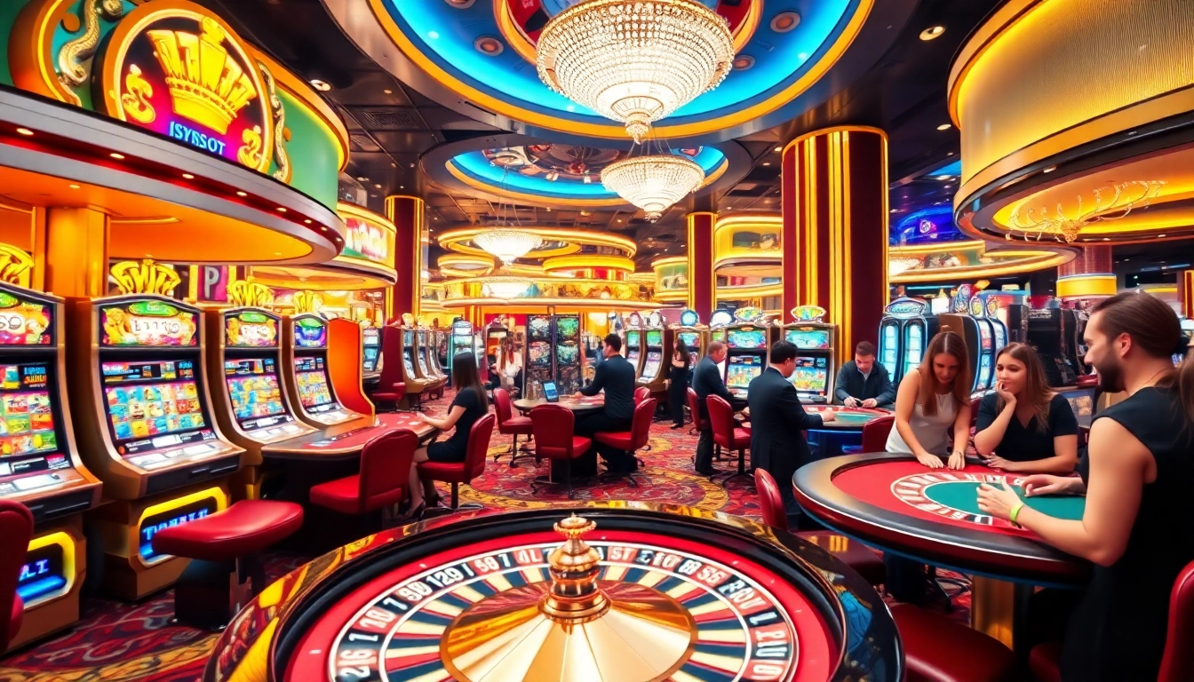 Players enjoying a vibrant casino scene featuring idnslot games, with slot machines and roulette wheels.