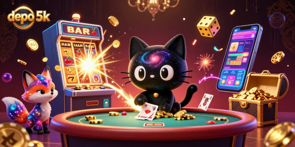 Spin to win with depo 5k featuring an enchanting cosmic casino scene, filled with captivating game elements.