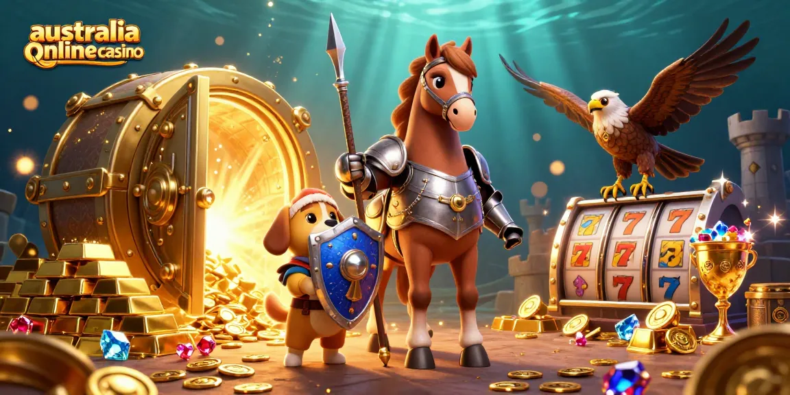 Spin and win at the australia online casino with vibrant 3D knights in a golden treasure scene.