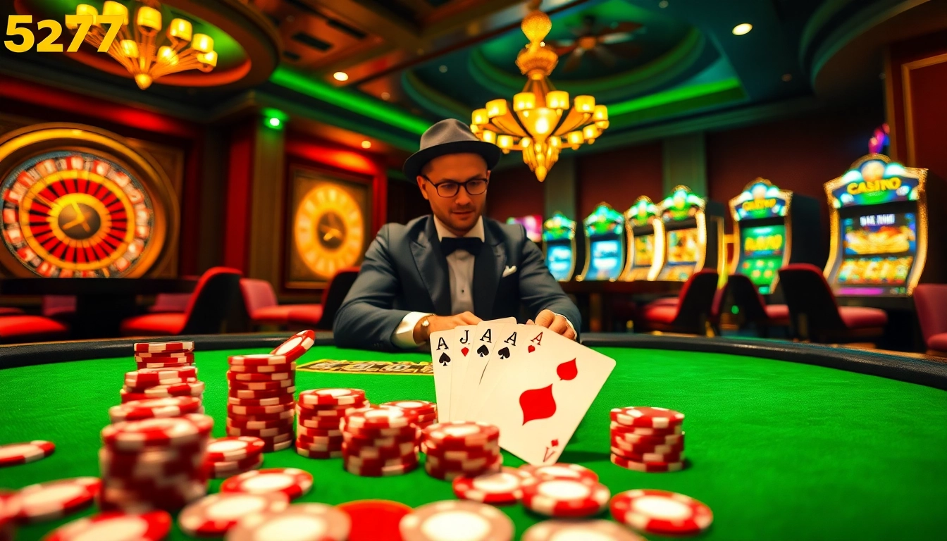 Players strategizing in an elegant casino scene featuring poker and slot machines, 5z777.