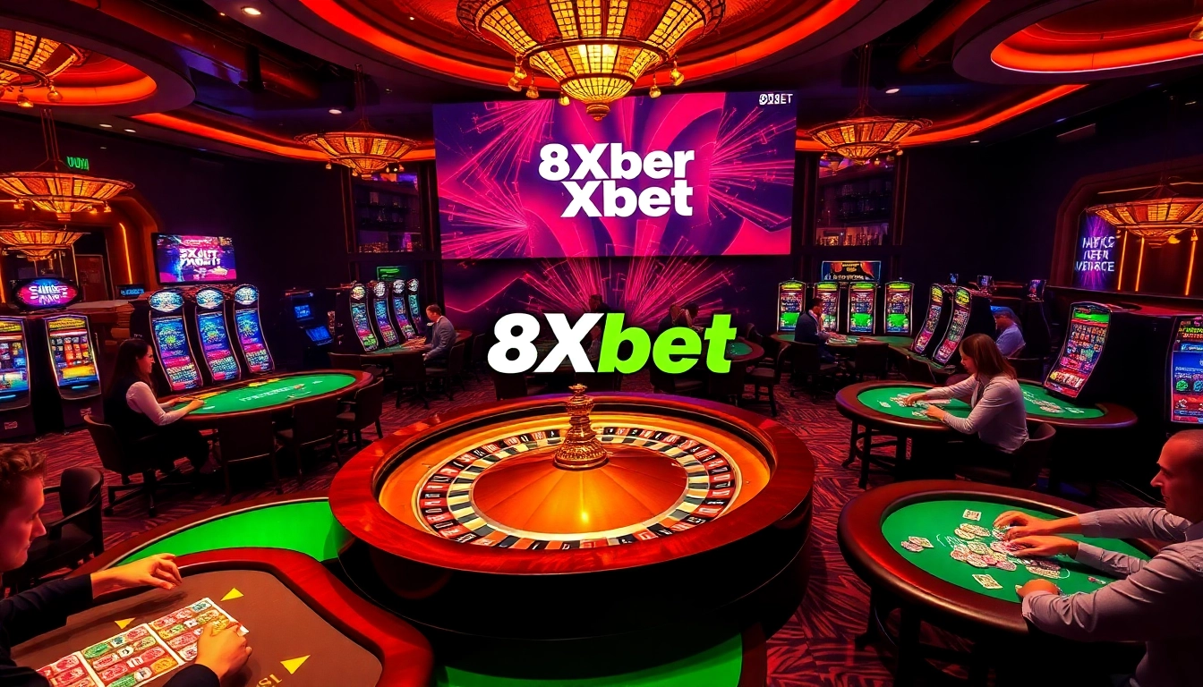 A dynamic casino scene showcasing players at 8Xbet poker tables and a roulette wheel.