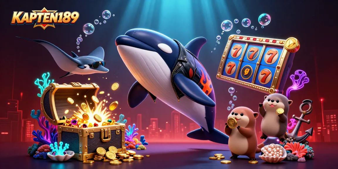 KAPTEN189 menampilkan ilustrasi kasino dengan ikan orca, stingray, dan berang-berang laut mengumpulkan koin emas.