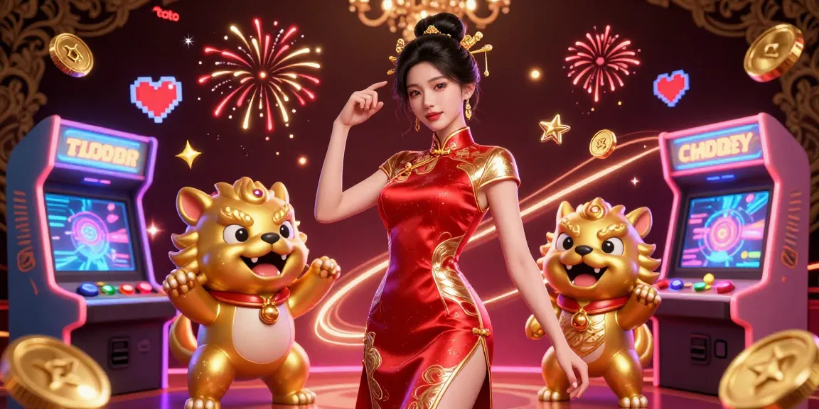 Experience thrilling toto gaming with a glamorous Asian woman, golden foo dog guardians, and vibrant casino elements.