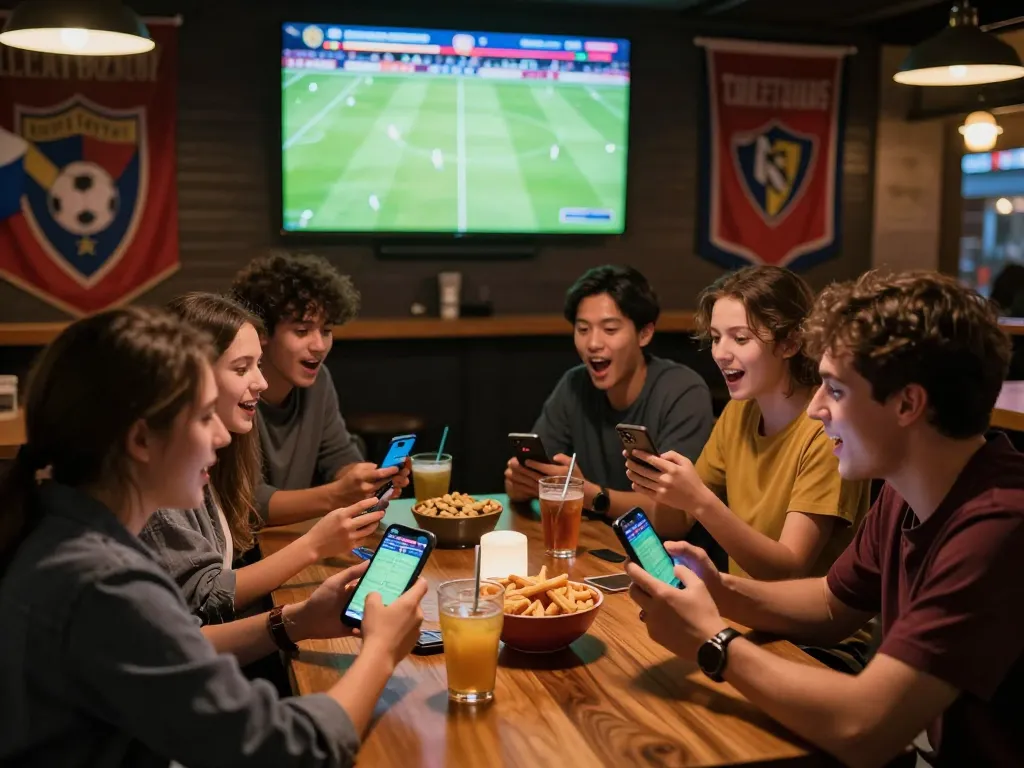 Xoilac TV viewers placing bets during a live soccer match at a vibrant sports bar.
