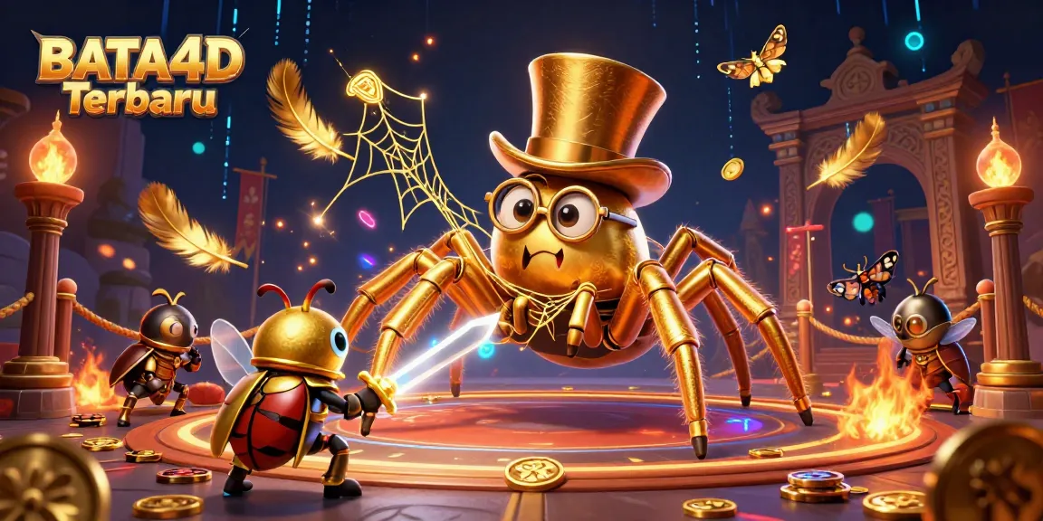 BATA4D Terbaru menampilkan tarantula emas besar dengan jaring di antara pilar kasino dan kesatria kumbang kecil yang berani.