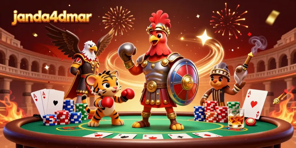 Dengan menggunakan janda4dmar, ayam jantan gladiator bertarung di arena sambil dikelilingi elemen judi yang menampilkan suasana kasino yang meriah.