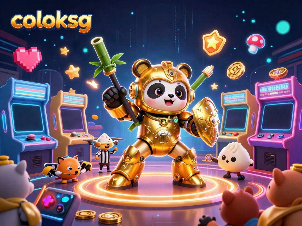 Menghadirkan pengalaman bermain yang menarik di coloksg dengan ilustrasi robot panda emas terbang di arena permainan.