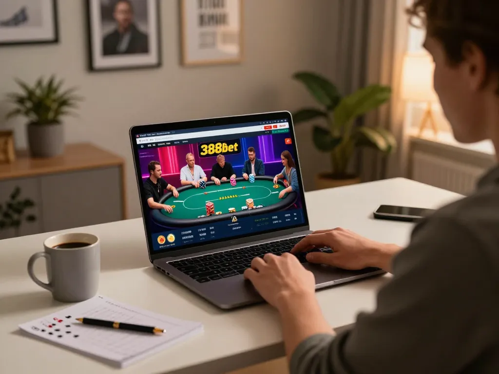Engaging laptop poker game session showing 388bet interface and strategic notes in cozy home