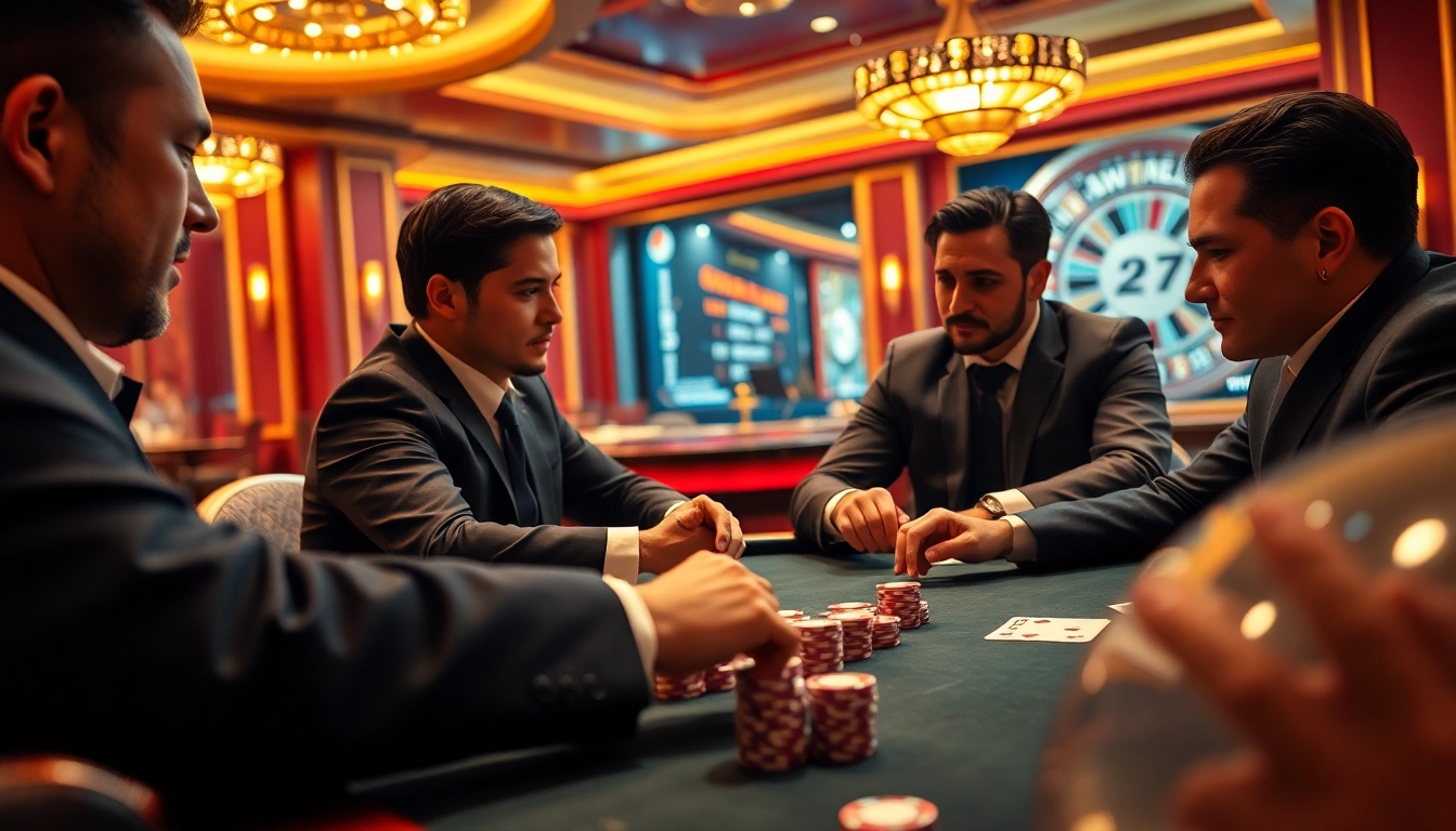 A high-stakes poker game scene showcasing excitement and luxury at an iwin casino.
