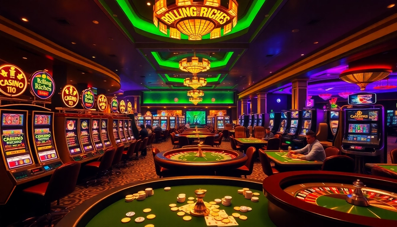 Gamblers enjoying vibrant casino floor games with the rolling riches promo code displayed on slot machines.