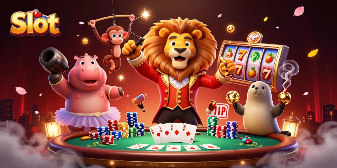 Spin the Slot reels with a vibrant scene featuring casino characters and poker elements.