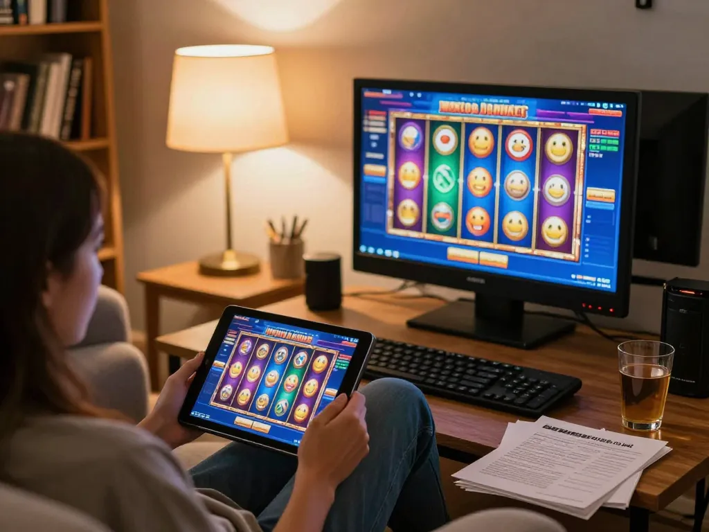 Engaging in online gambling at home with king33 casino slot game interface visible on tablet