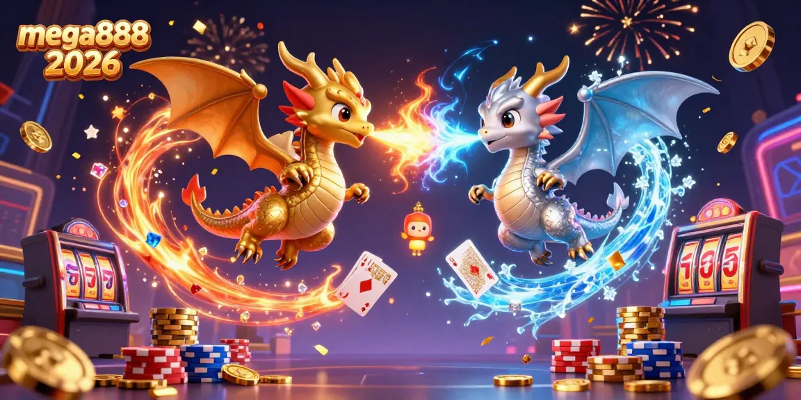 Experience the action in mega888 2026 with dragons and vibrant casino imagery depicting thrilling gameplay.