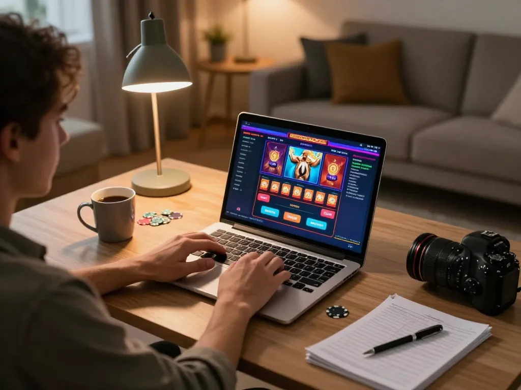 Engaging online gaming session at https://rikbet.global/ showcasing dynamic betting action on laptop in cozy home office.