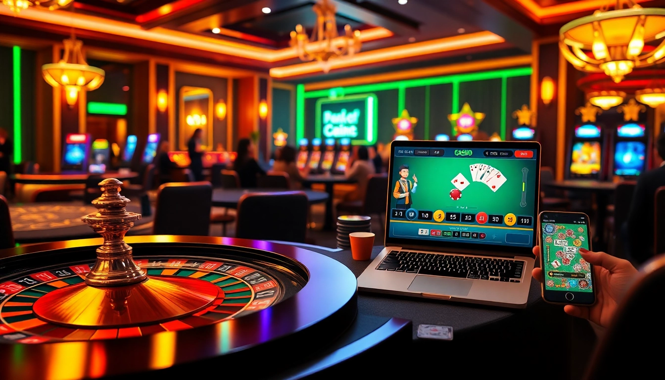 A dynamic casino scene featuring online gaming elements and engaging players at https://phtayab.com/.