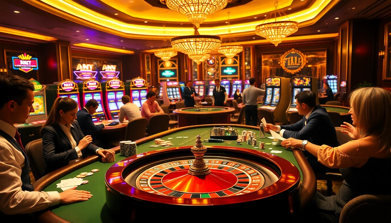Exciting gambling scene at fun79 casino featuring poker tables and roulette wheel.