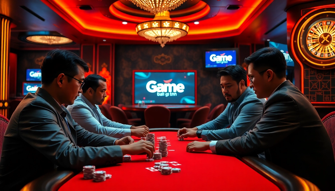 Participants thrill at the Game bài bom tấn table amidst a vibrant casino atmosphere.