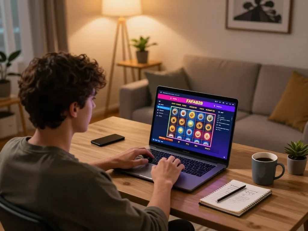 Engaging with FAFA828 on a laptop at home, showcasing an exciting online casino interface and strategic notes.