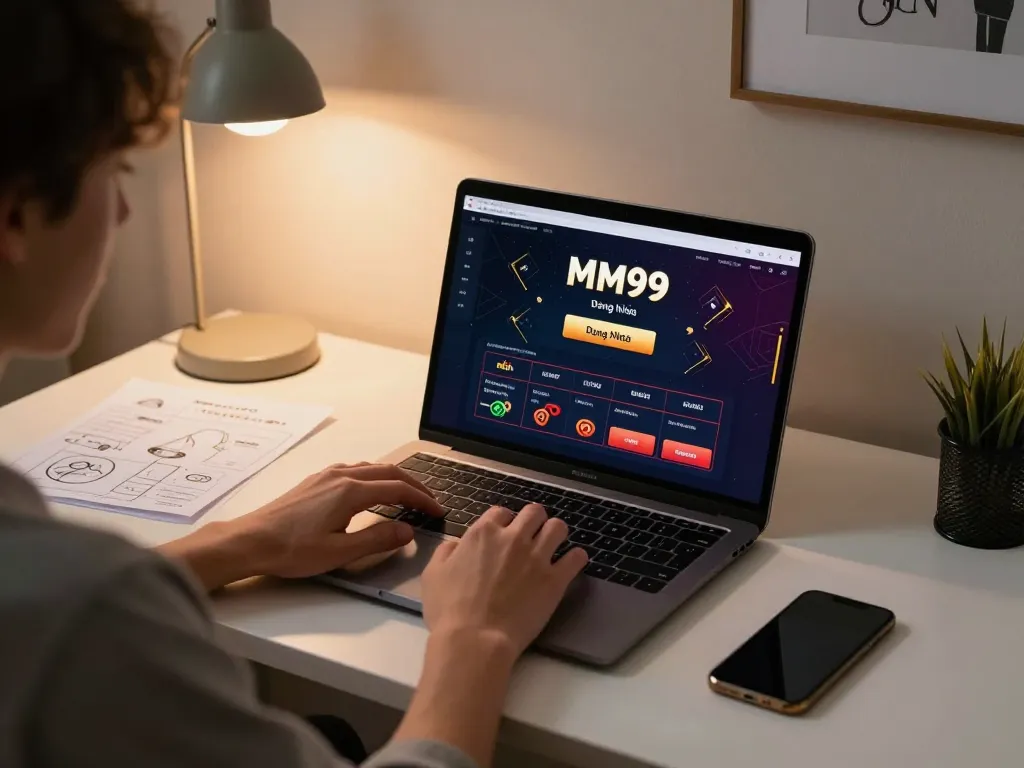 Engaging in MM99 Đăng Nhập with a laptop setup showcasing online casino activities.