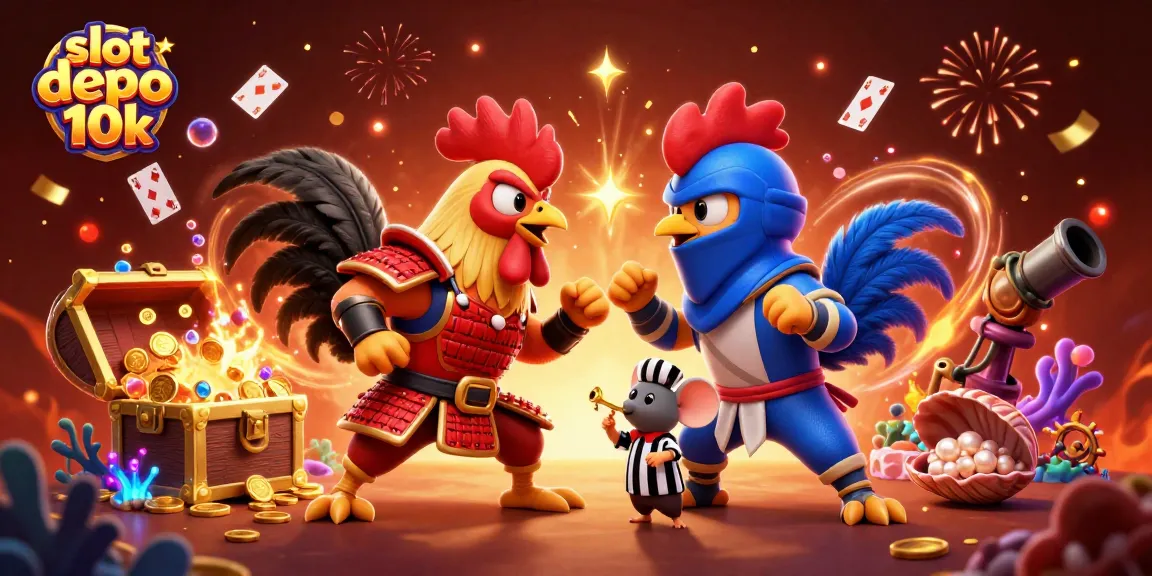 Engage with thrilling gambling action at slot depo 10k featuring fighting roosters in a vibrant 3D casino scene.