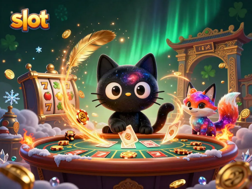 Menggali slot terbaik di kasino dengan kucing hitam berpusat pada meja, dikelilingi simbol keberuntungan.