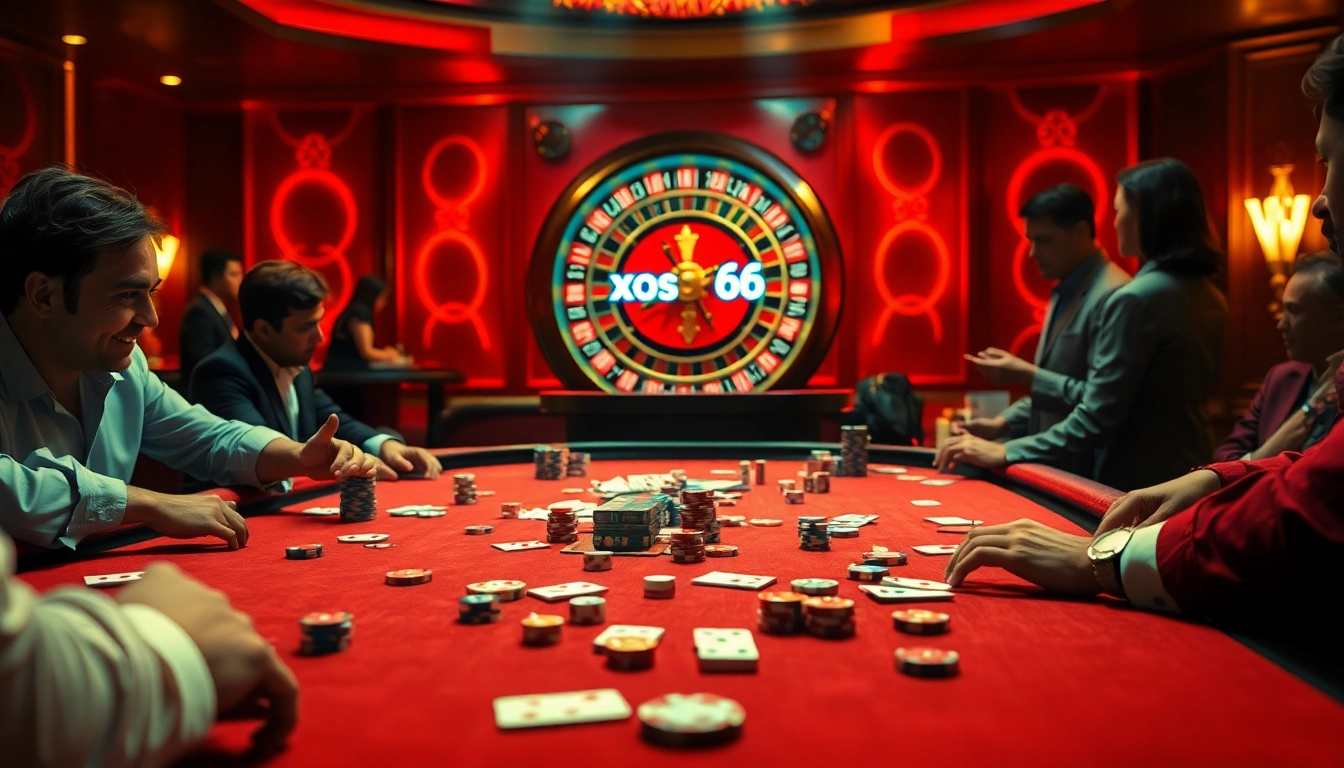 xoso66 players engaging in an exciting casino scene with cards and chips during a high-stakes game.