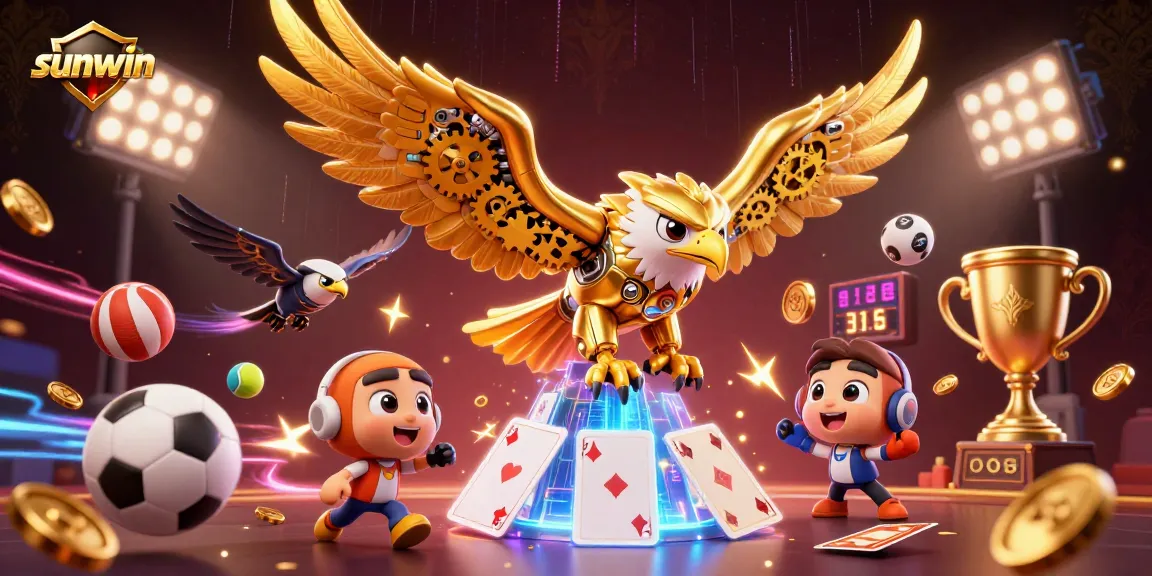 Experience thrilling gameplay with Sunwin as a golden eagle dives through holographic cards and sports elements.