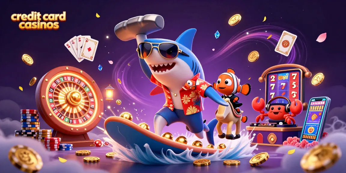 Experience exciting wins at credit card casinos with vibrant cartoon characters and dynamic casino elements.