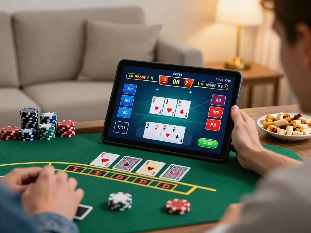 Player engaging in live blackjack on tablet, enhancing dinamit4d gaming experience from home