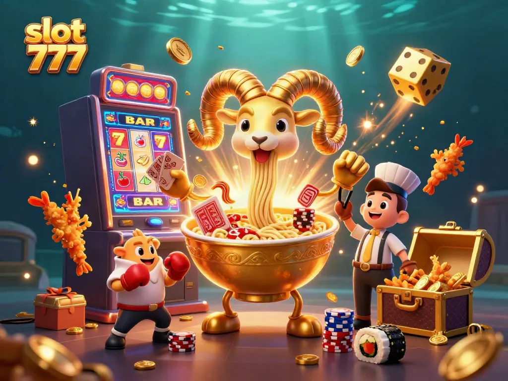 Slot 777 dengan karakter unik menang taruhan dan merayakan jackpot dalam suasana kasino yang meriah.