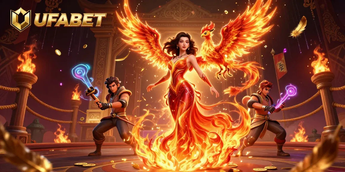 Engage in winning strategies with UFABET, where a stunning Asian woman and fiery phoenix convey the excitement of dynamic gambling.