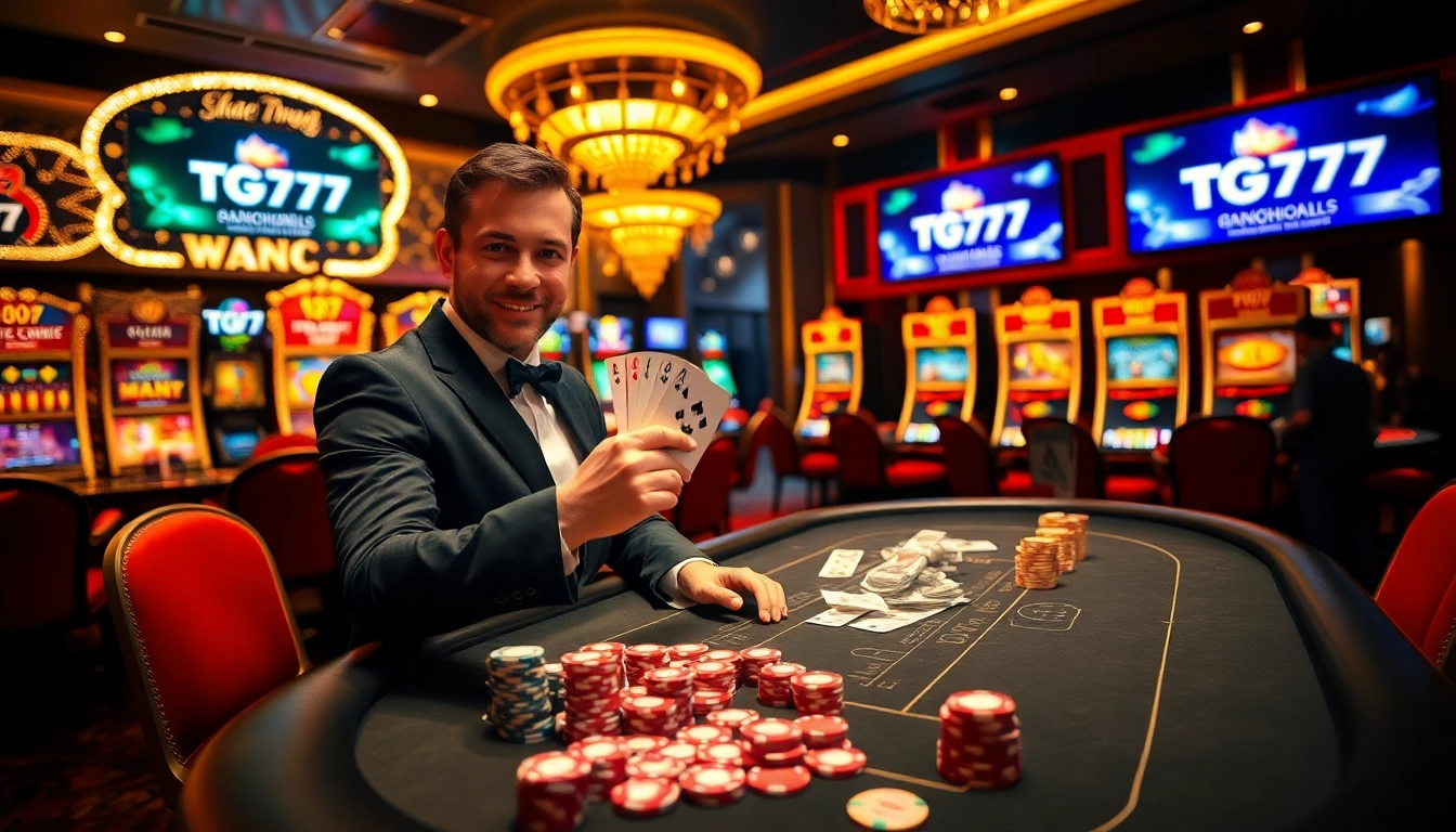 Experience thrilling gameplay at TG777 with vibrant slot machines and a winning poker table.