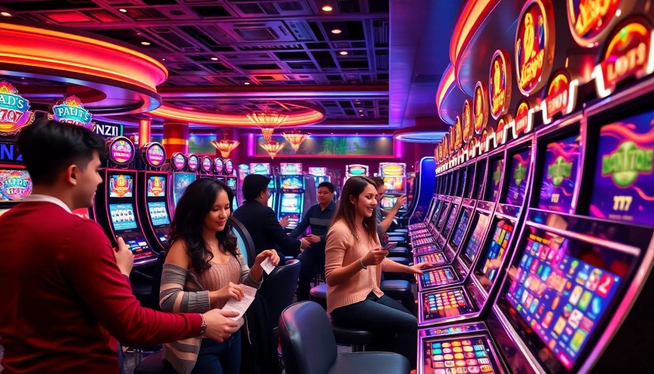 Exciting gameplay on slot777 machines in a luxurious casino atmosphere, showcasing vibrant colors and engaged players.