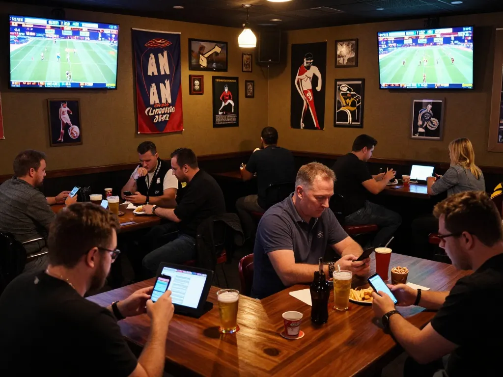 Pemain taruhan yang terlibat memeriksa pembaruan Live Score di suasana bar taruhan olahraga yang hidup