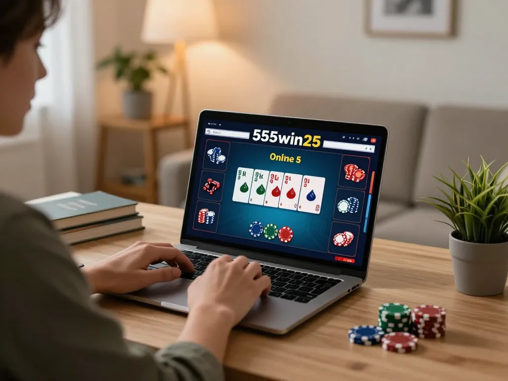 Player engaged in online gaming at 555win25, showcasing a relaxing home office environment.