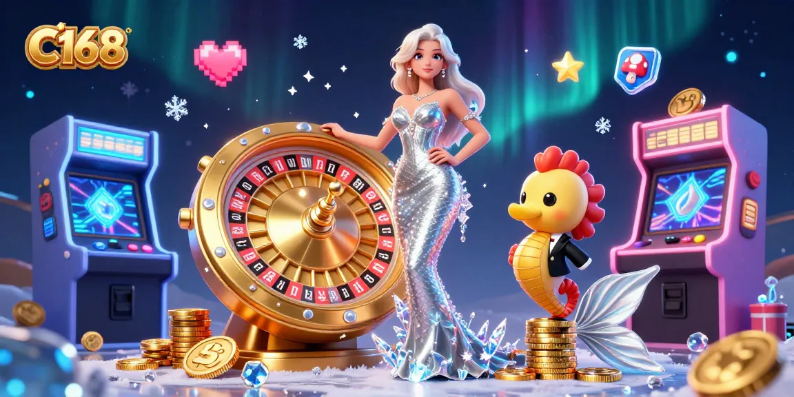 C168 spins to win with a glamorous woman, a golden roulette wheel, and arcade game elements for ultimate casino excitement.