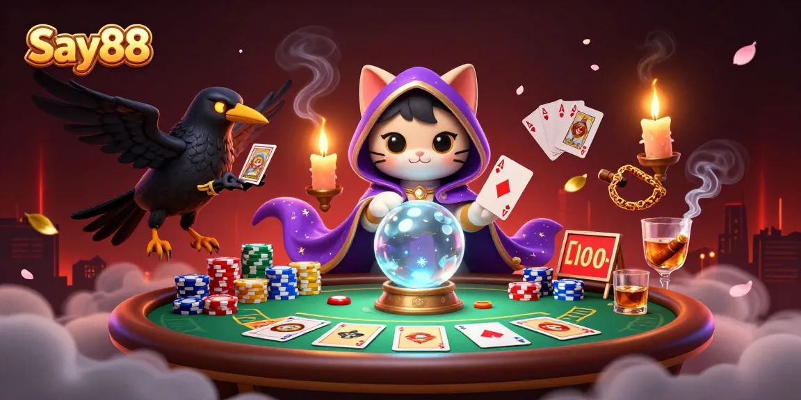 Engage with Say88's vibrant casino scene featuring a fortune teller cat and dynamic poker action.