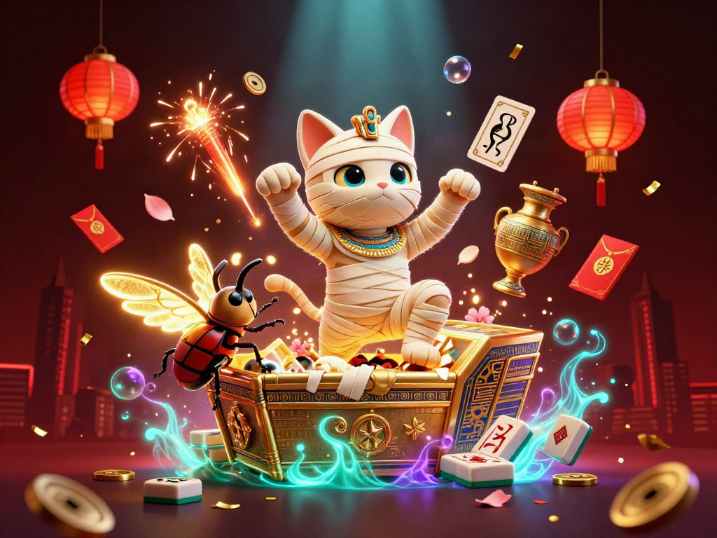 Onbet casino experience with a mummy cat, scarab, and golden gaming elements.