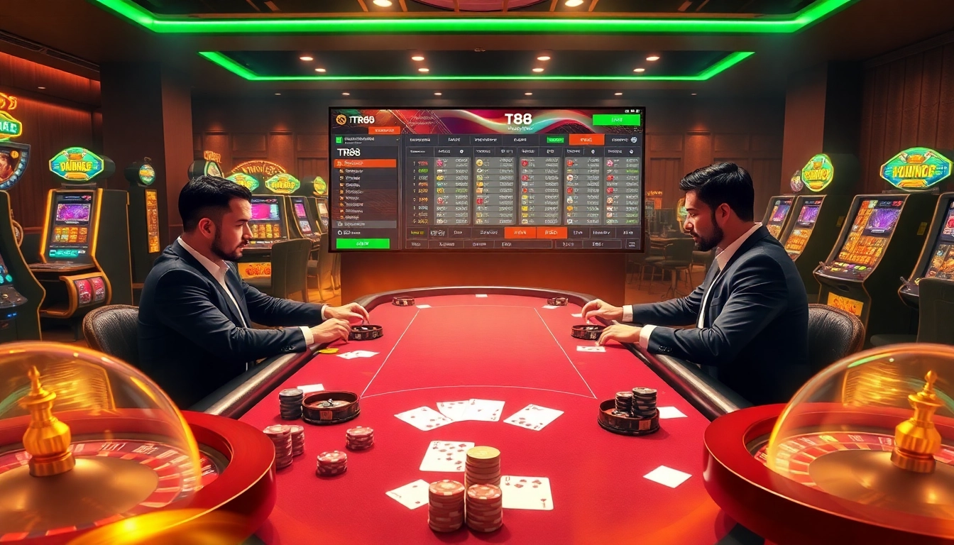 TR88 players engaging in an intense poker game at a luxurious online casino.