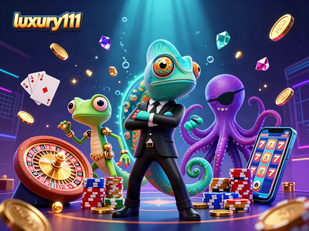 luxury111 showcases a vibrant casino scene with a secret agent chameleon, colorful poker chips, and sparkling gems.