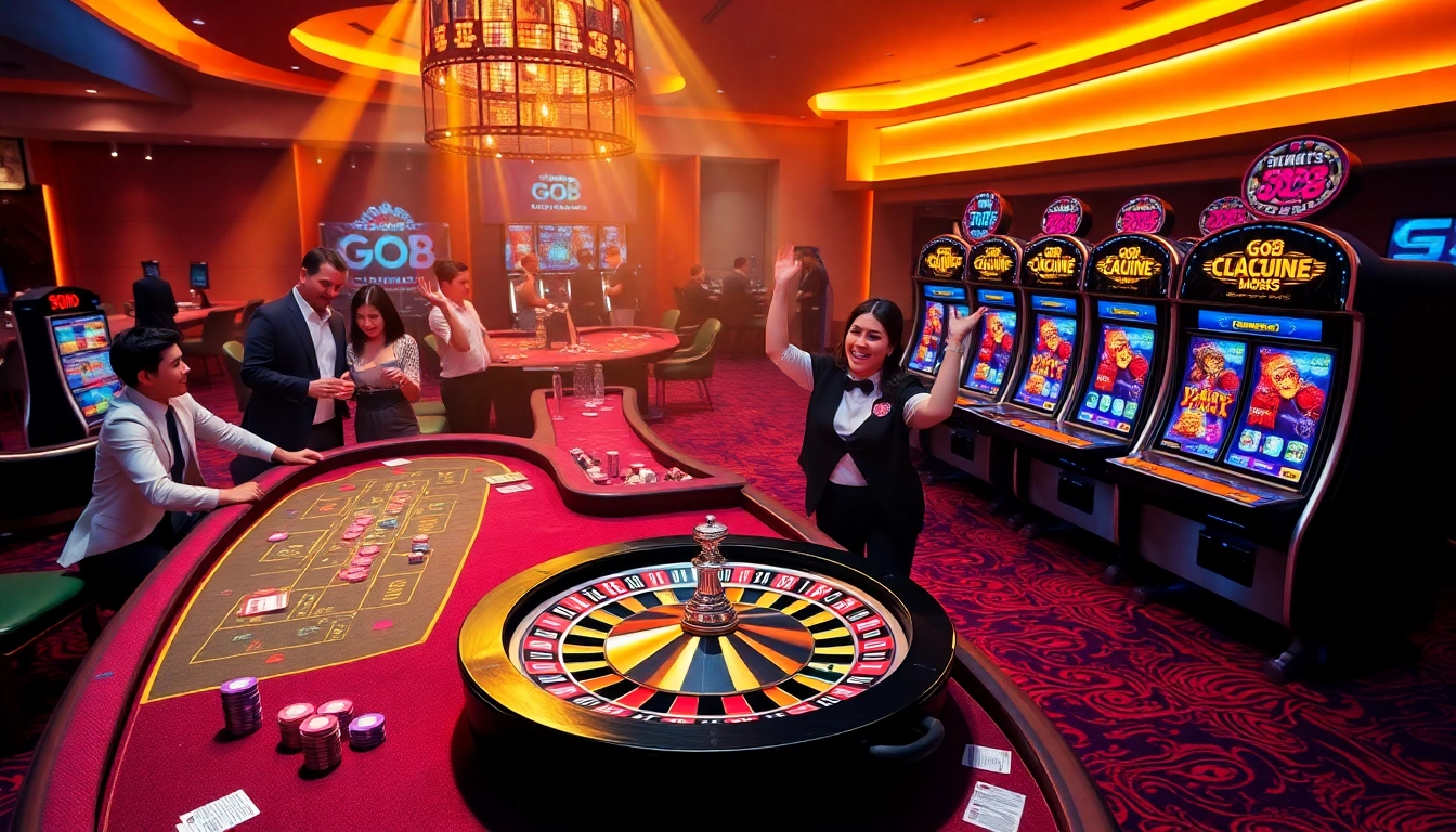 Gamblers enjoying an exciting game on the Go8 platform with casino tables and vibrant slots.