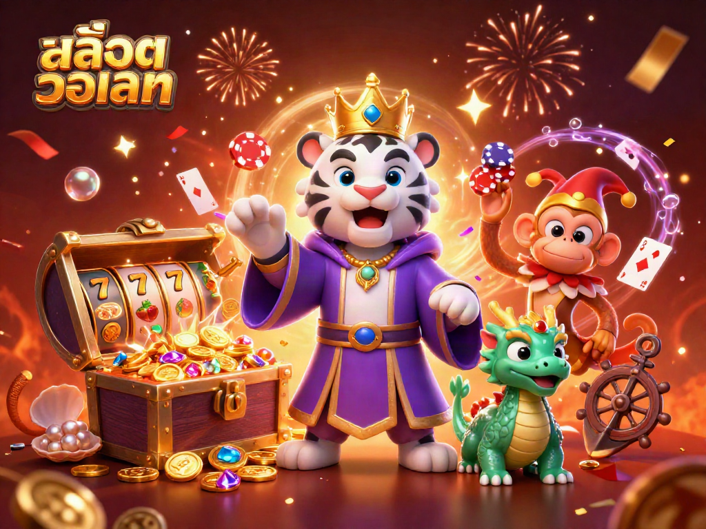 Engaging scene showcasing สล็อตวอเลท with a white tiger, golden monkey, jade dragon, and dynamic casino elements.